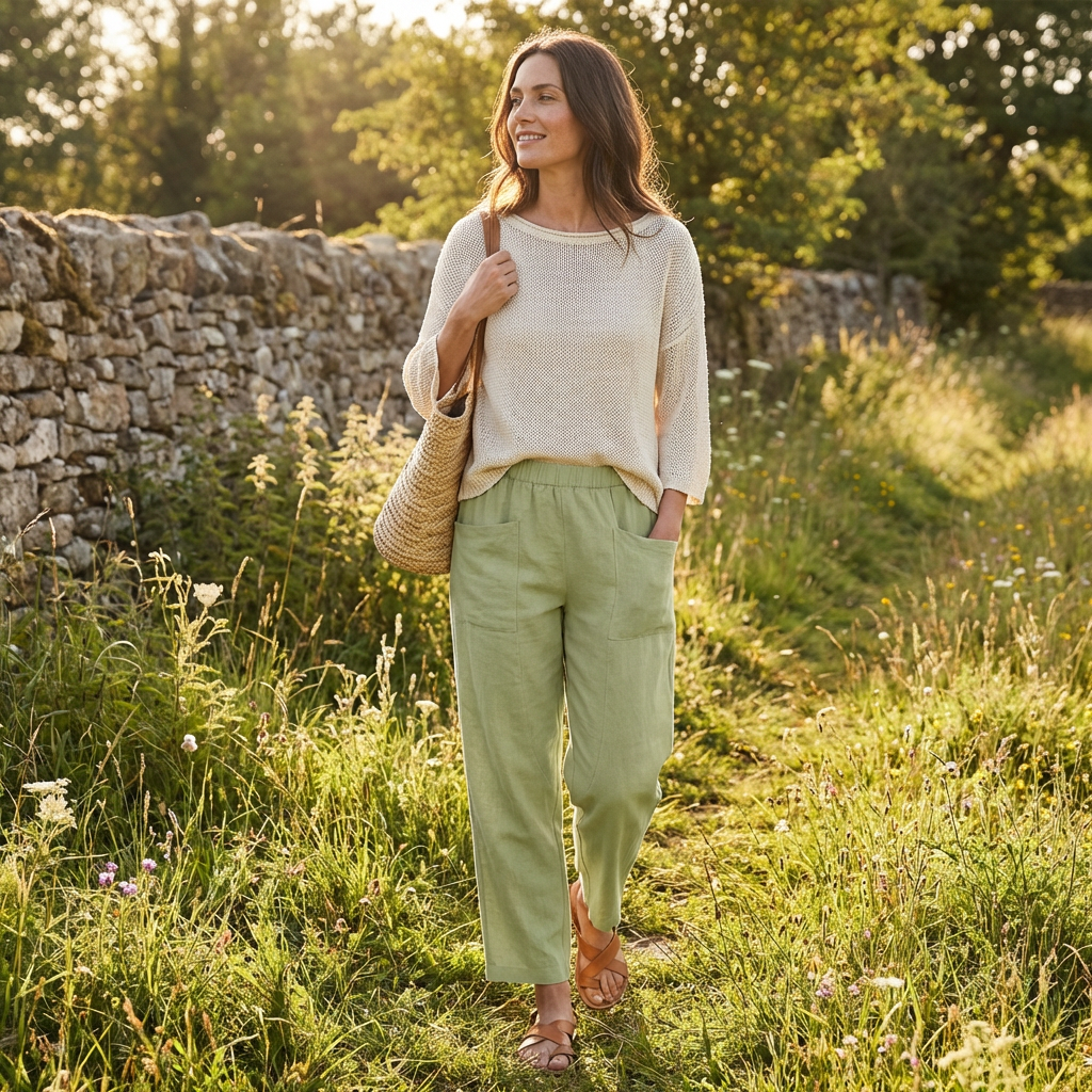 Poppy | Women’s Linen Trousers With Elastic Waistband And Patch Pockets | Casual