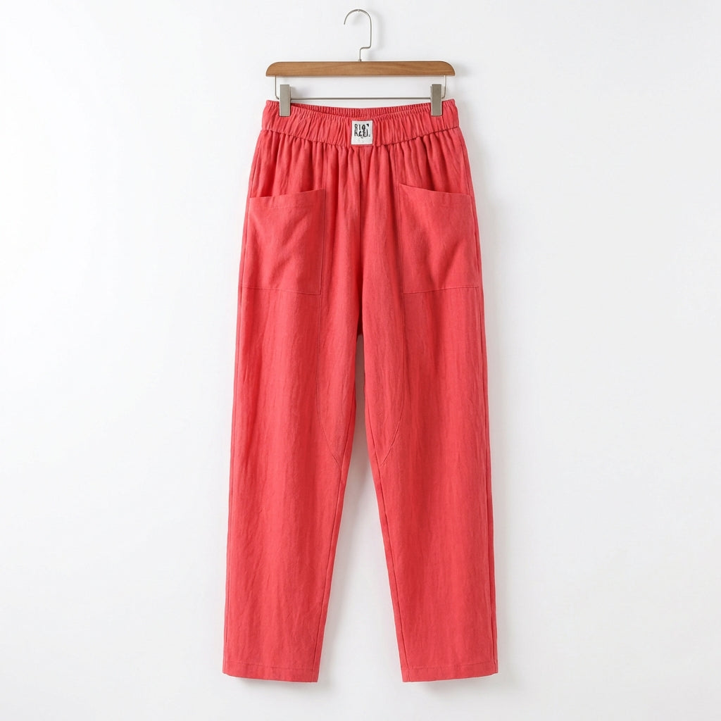 Poppy | Women’s Linen Trousers With Elastic Waistband And Patch Pockets | Casual