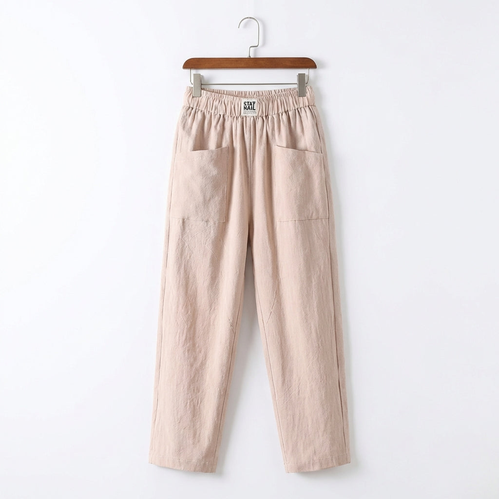 Poppy | Women’s Linen Trousers With Elastic Waistband And Patch Pockets | Casual