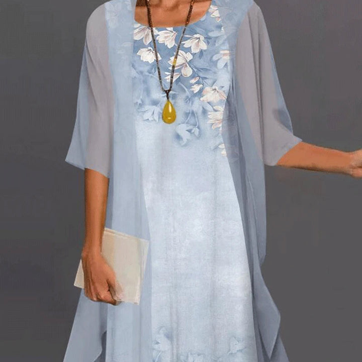 Rosalie | Women's Wedding Guest Dress With Floral Print And Mesh Overlay