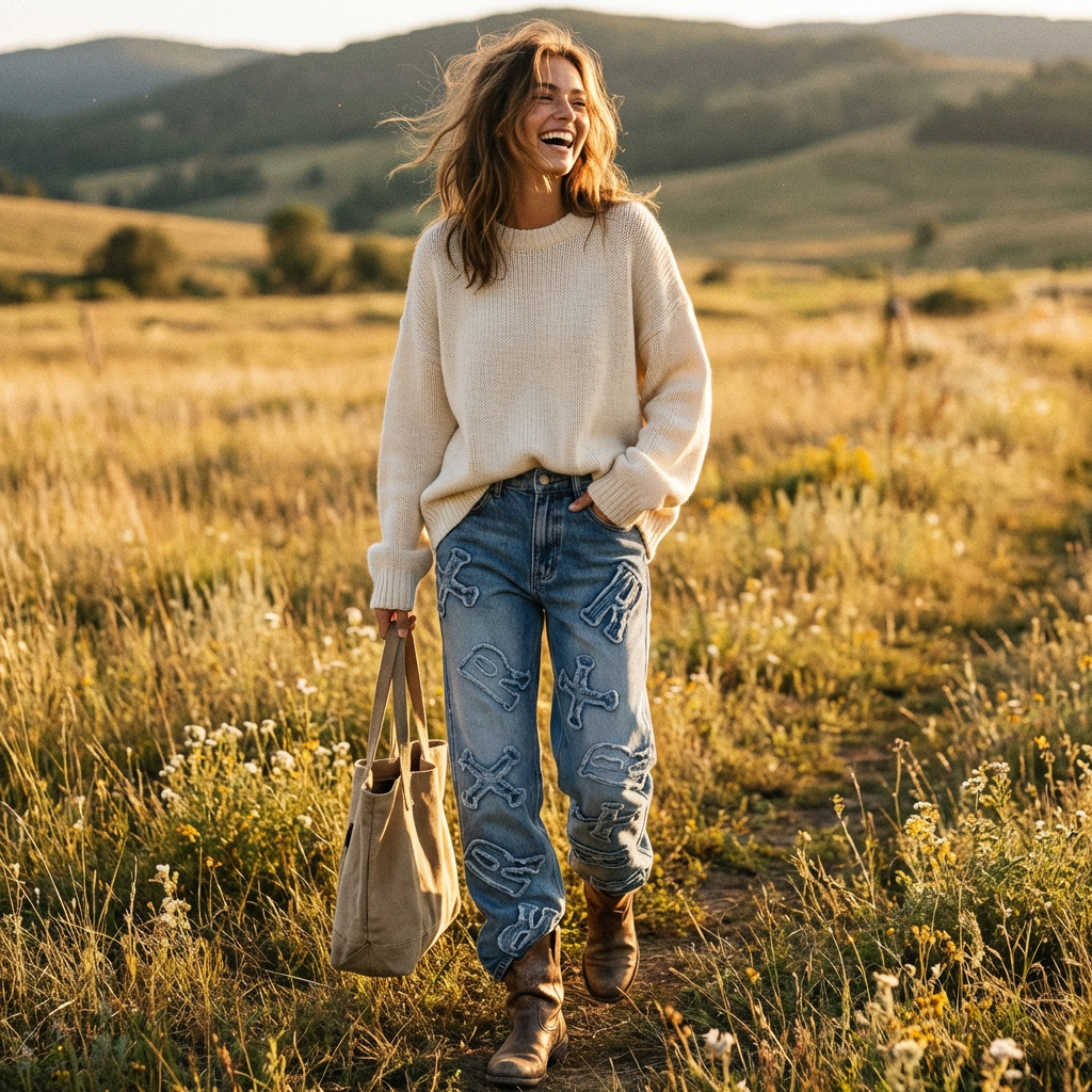 Sienna | Women’s Baggy Jeans With Embossed Graphic Detail And Straight Leg | Street