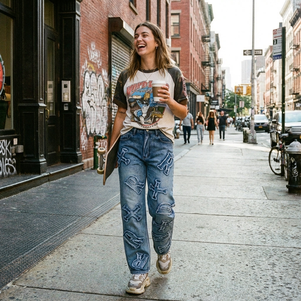 Sienna | Women’s Baggy Jeans With Embossed Graphic Detail And Straight Leg | Street