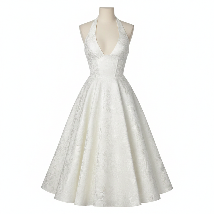 Sienna | Women’s Halter Midi Dress With Jacquard Texture And Fitted Bodice | Elegant