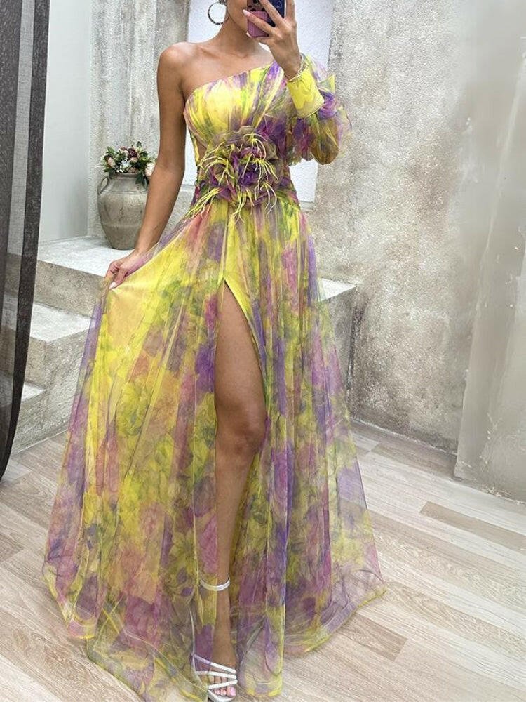 Sophia | Women’s Floral Dress With Asymmetric Neckline And Thigh-High Slit