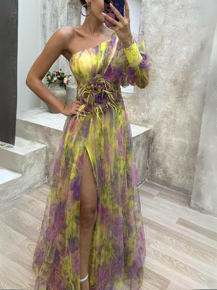 Sophia | Women’s Floral Dress With Asymmetric Neckline And Thigh-High Slit