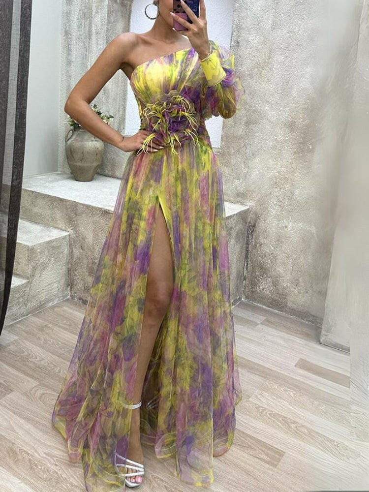 Sophia | Women’s Floral Dress With Asymmetric Neckline And Thigh-High Slit