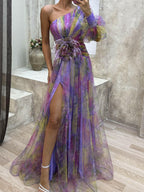 Sophia | Women’s Floral Dress With Asymmetric Neckline And Thigh-High Slit