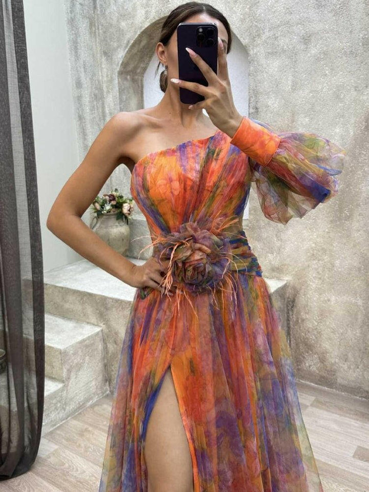 Sophia | Women’s Floral Dress With Asymmetric Neckline And Thigh-High Slit