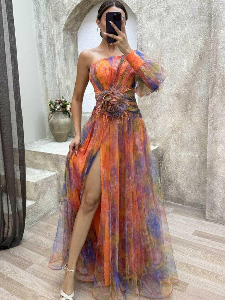 Sophia | Women’s Floral Dress With Asymmetric Neckline And Thigh-High Slit