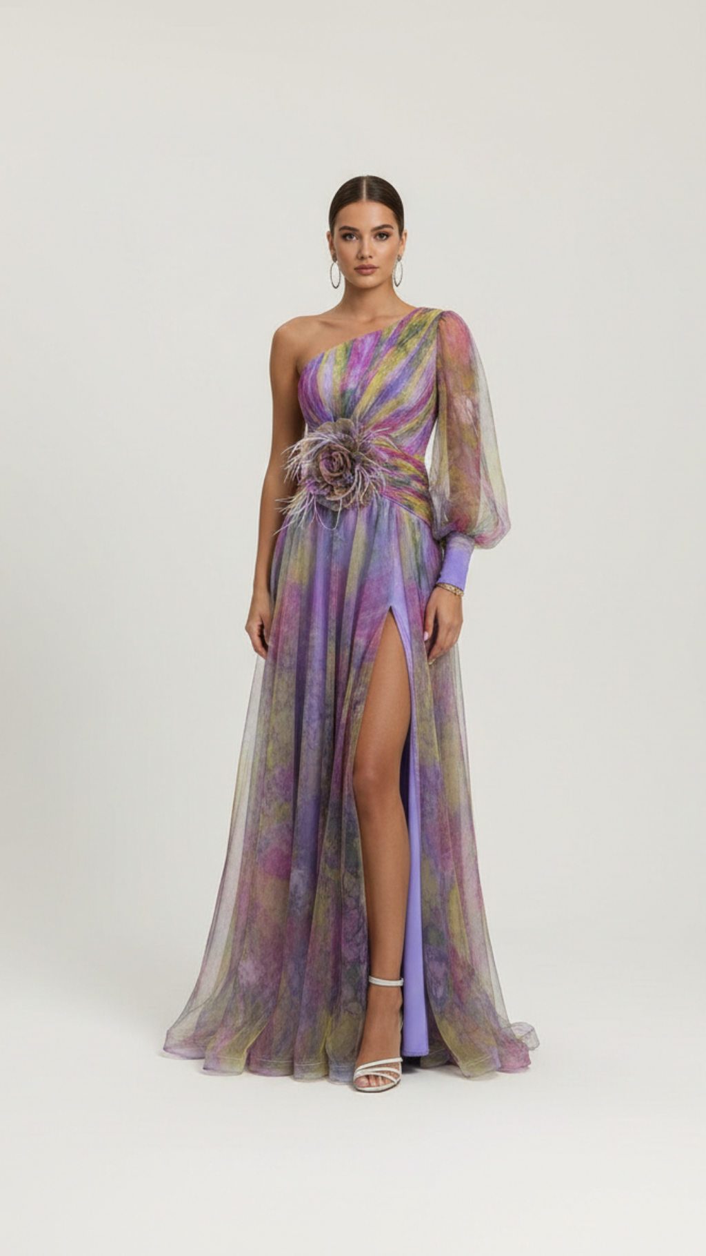 Sophia | Women’s Floral Dress With Asymmetric Neckline And Thigh-High Slit