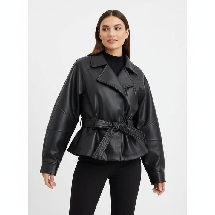 Sophia | Women's Leather Jacket With Belt Detail And Notch Lapel | Chic