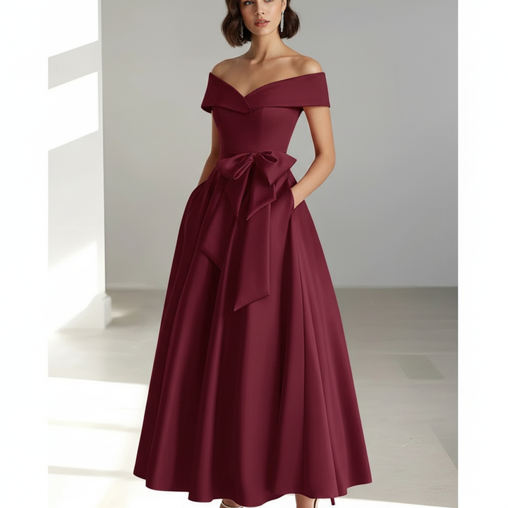 Sophia | Women's Wedding Guest Dress With Off Shoulder Neckline And Bow Detail | Elegant