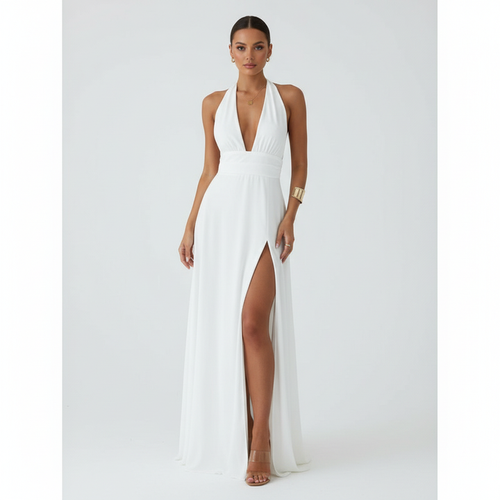 Sophia | Women's Wedding Guest Maxi Dress With Halter Neckline And Side Slit | Elegant