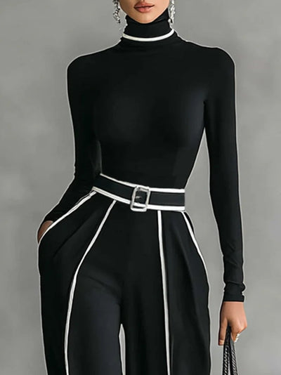 Refined High-Neck Top & Wide-Leg Pants Set (Free Belt)