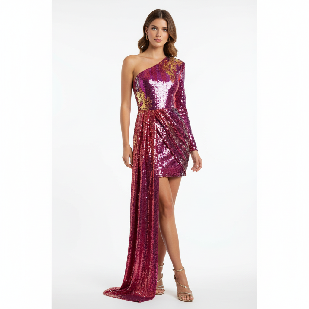 Amelia | Women's One-Shoulder Sleeve Midi Dress And Asymmetric Drape | Party