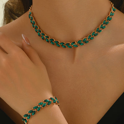 Elegant Green Crystal Necklace & Bracelet Duo