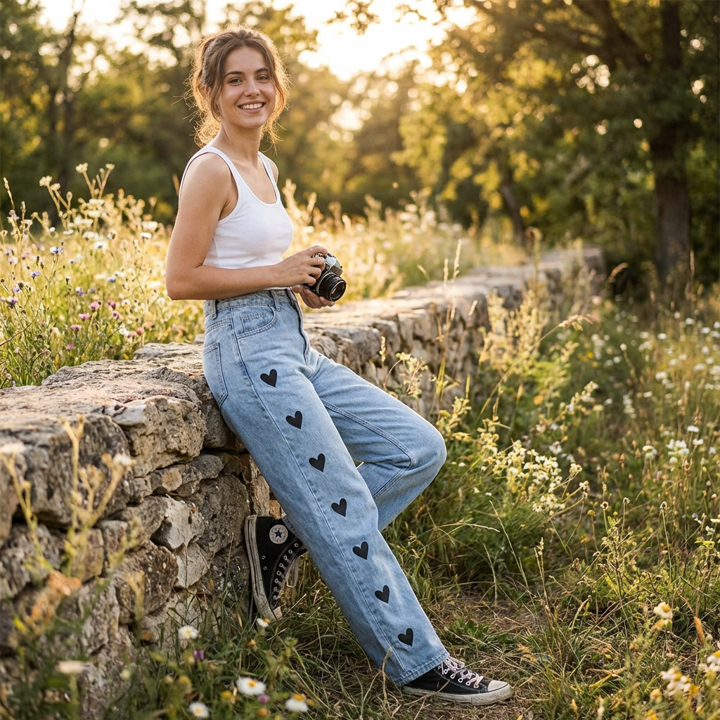 Isla | Women’s High Waist Jeans With Heart Print Detail And Straight Leg | Casual