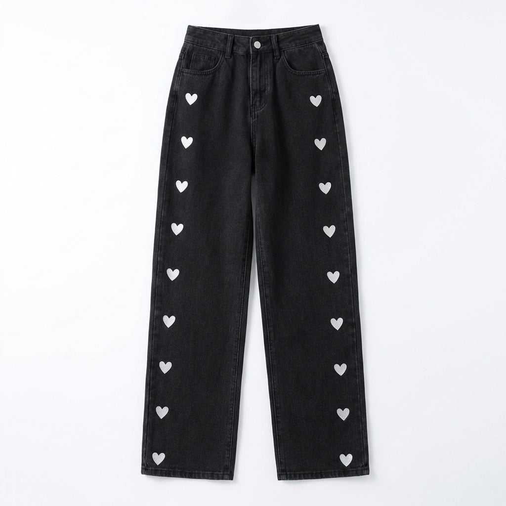 Isla | Women’s High Waist Jeans With Heart Print Detail And Straight Leg | Casual