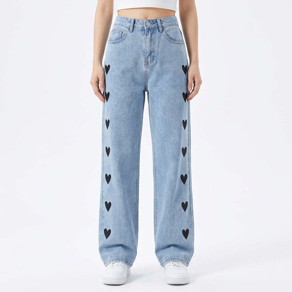 Isla | Women’s High Waist Jeans With Heart Print Detail And Straight Leg | Casual