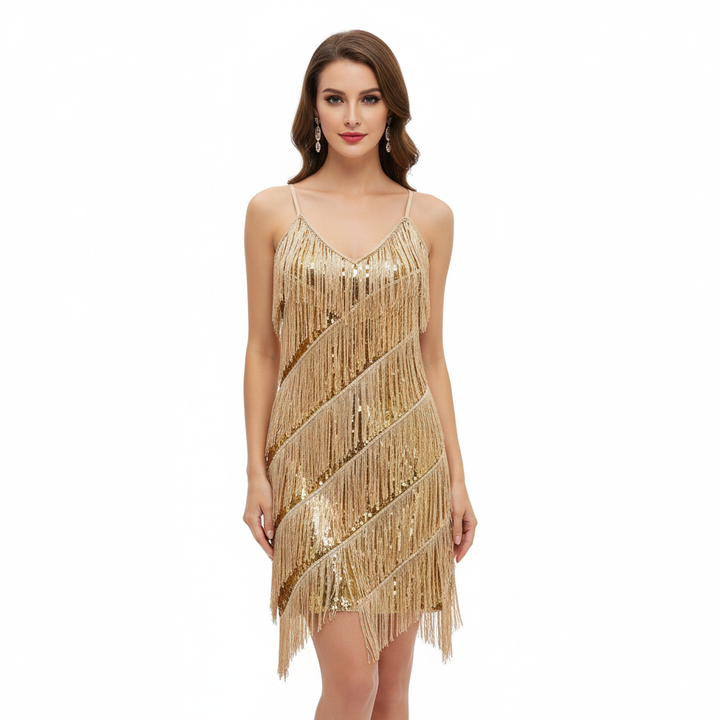 Olivia | Women's Sparkle Mini Dress With Spaghetti Straps And Fringe Hem | Glamorous